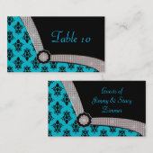 Aqua Blue & Black Damask Gem Sparkle Plaatskaartje (Voorkant / Achterkant)