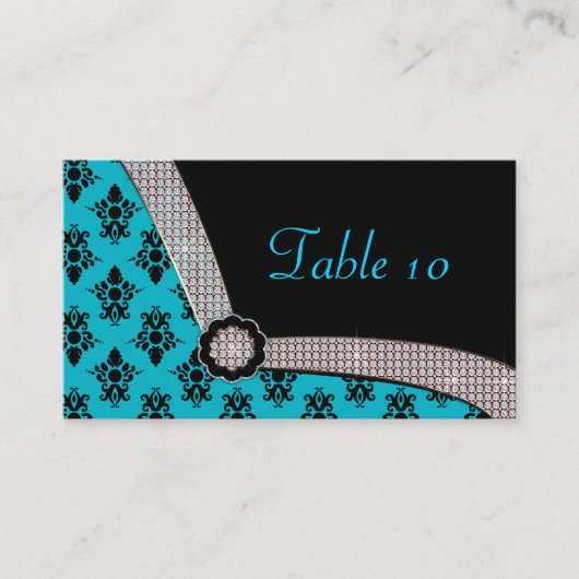 Aqua Blue & Black Damask Gem Sparkle Plaatskaartje (Voorkant)