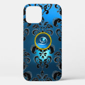 AQUA BLUE BLACK DAMASK GEMSTONE MONOGRAM Case-Mate iPhone CASE (Achterkant)