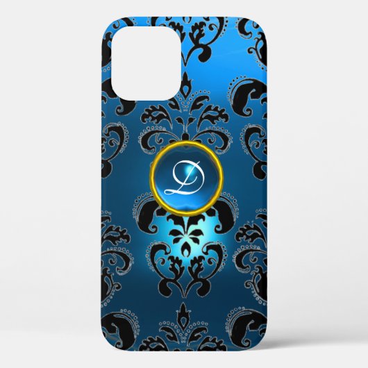 AQUA BLUE BLACK DAMASK GEMSTONE MONOGRAM Case-Mate iPhone CASE (Achterkant)