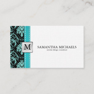 Aqua Blue/Black Damask Monogram Interior Design Visitekaartje