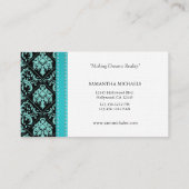 Aqua Blue/Black Damask Monogram Interior Design Visitekaartje (Achterkant)