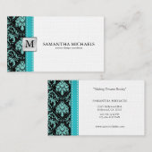 Aqua Blue/Black Damask Monogram Interior Design Visitekaartje (Voorkant / Achterkant)