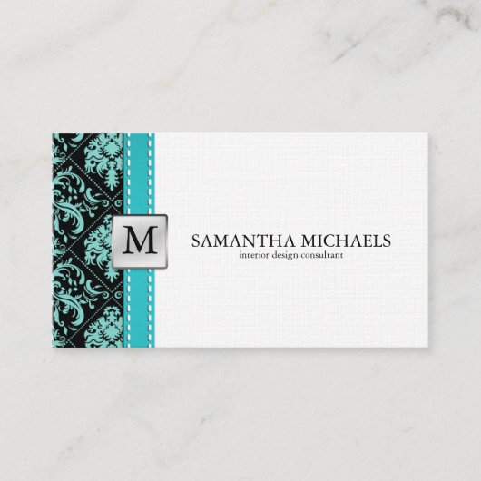 Aqua Blue/Black Damask Monogram Interior Design Visitekaartje (Voorkant)
