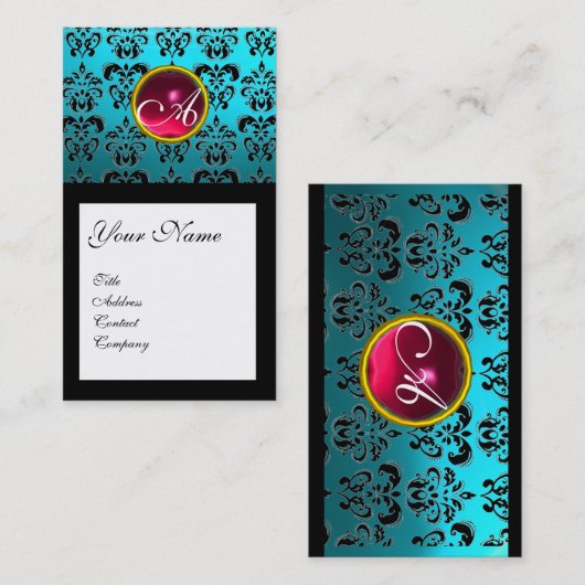 AQUA BLUE BLACK DAMASK SQUARE RUBY GEM MONOGRAM VISITEKAARTJE (Voorkant / Achterkant)