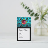 AQUA BLUE BLACK DAMASK SQUARE RUBY GEM MONOGRAM VISITEKAARTJE (Staand voorkant)