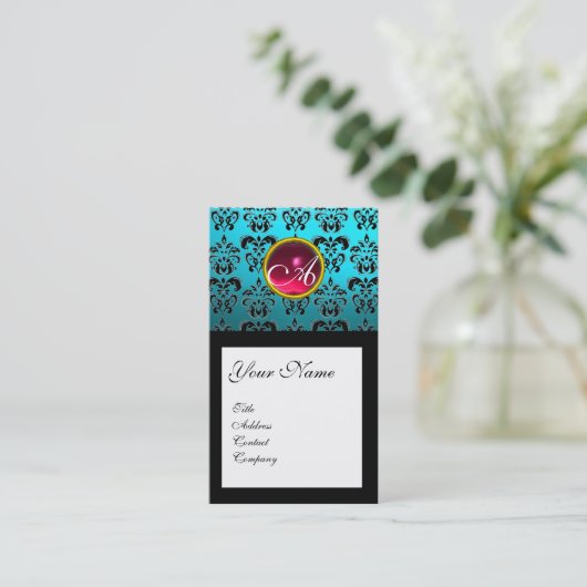AQUA BLUE BLACK DAMASK SQUARE RUBY GEM MONOGRAM VISITEKAARTJE (Staand voorkant)