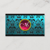 AQUA BLUE BLACK DAMASK SQUARE RUBY GEM MONOGRAM VISITEKAARTJE (Achterkant)