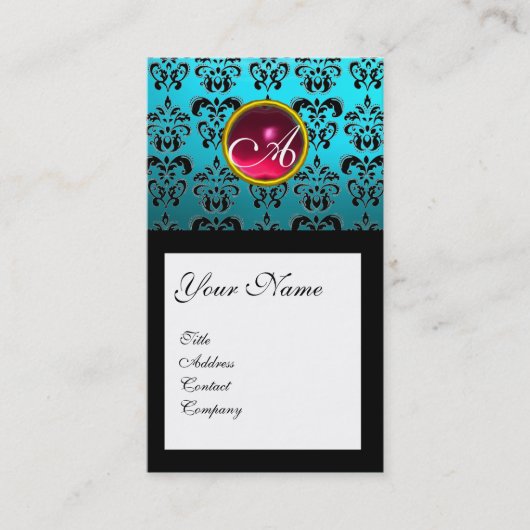 AQUA BLUE BLACK DAMASK SQUARE RUBY GEM MONOGRAM VISITEKAARTJE (Voorkant)