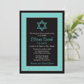 Aqua Blue Black Polka Dot Bat Mitzvah Uitnodiging (Staand voorkant)