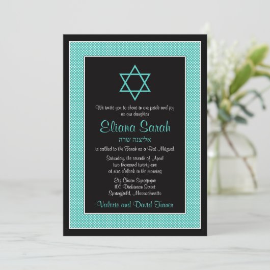Aqua Blue Black Polka Dot Bat Mitzvah Uitnodiging (Staand voorkant)