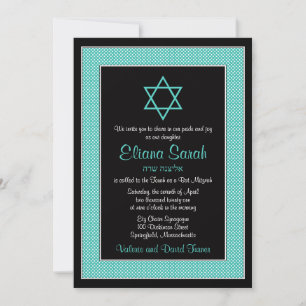 Aqua Blue Black Polka Dot Bat Mitzvah Uitnodiging