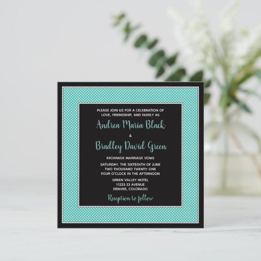 Aqua Blue Black Polka Dot Weddenschap Kaart (Staand voorkant)
