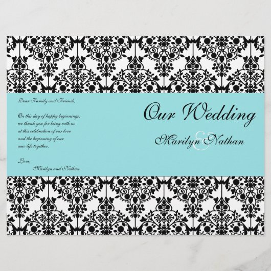 Aqua Blue, Black, White Damask Wedding Program (Voorkant)