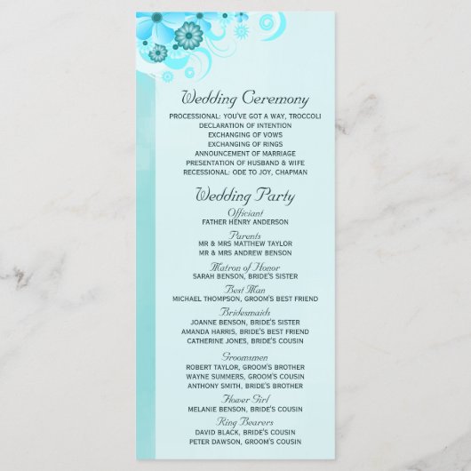 Aqua Blue Blauwgroen Bloemen Trouwprogramma Sjablo Programmakaart (Achterkant)
