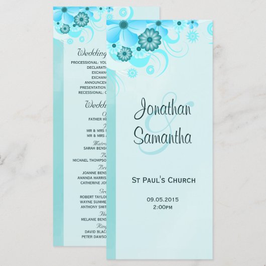 Aqua Blue Blauwgroen Bloemen Trouwprogramma Sjablo Programmakaart (Voorkant / Achterkant)