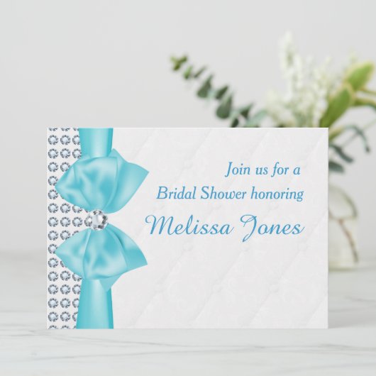 Aqua Blue Blauwgroen Bow Diamond Bling Party Uitno Kaart (Staand voorkant)