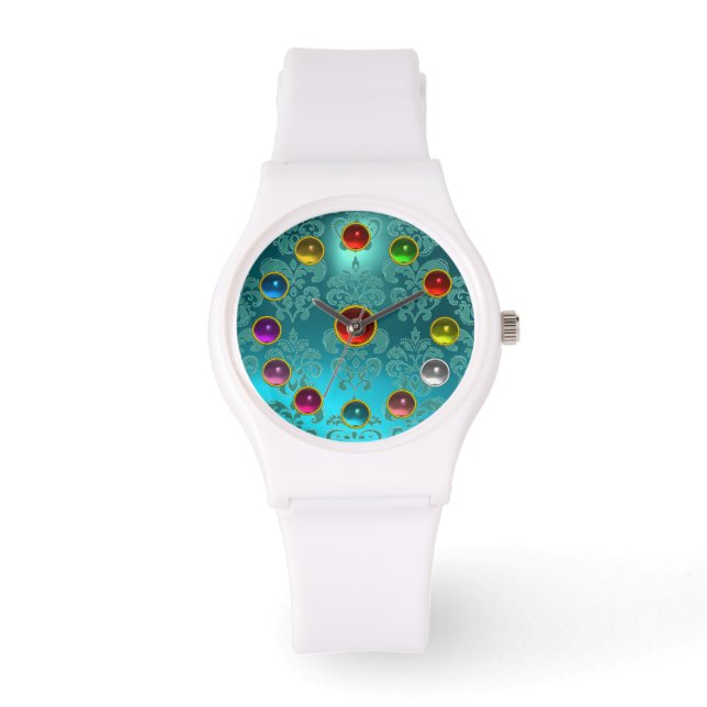 AQUA BLUE BLAUWGROEN DAMASK EN 3D KLEURSTONEN HORLOGE (Voorkant)