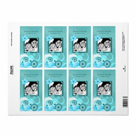 Aqua Blue Blauwgroen Floral Weddenschap Foto voor Etiket (Full Sheet)
