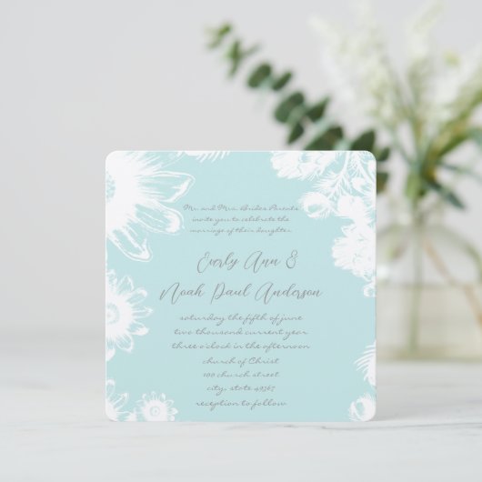 Aqua Blue Blauwgroen  Floral Wedding Invitation Kaart (Staand voorkant)