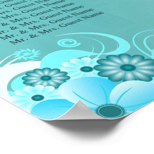 Aqua Blue Blauwgroen Floral Wedding Table Zitplaat Poster (Hoek)