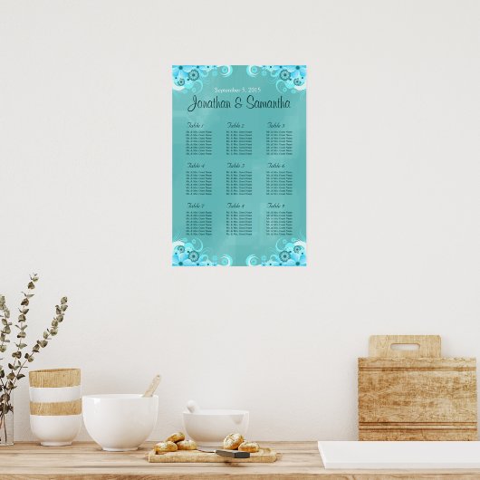 Aqua Blue Blauwgroen Floral Wedding Table Zitplaat Poster (Keuken)