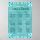 Aqua Blue Blauwgroen Floral Wedding Table Zitplaat Poster (Voorkant)
