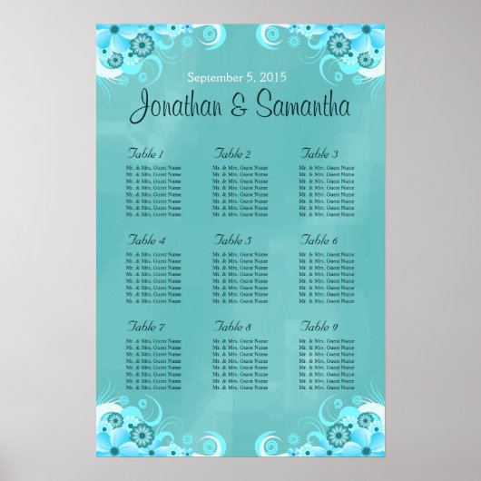 Aqua Blue Blauwgroen Floral Wedding Table Zitplaat Poster (Voorkant)