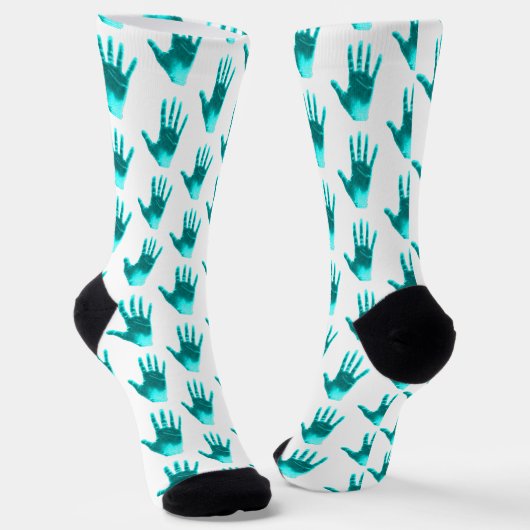 Aqua Blue Blauwgroen Fun Hand Pattern Sokken (Gebogen)