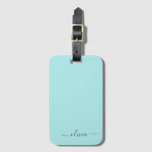 Aqua Blue Blauwgroen Girly Script Monogram Name Mo Bagagelabel (Voorkant (verticaal))