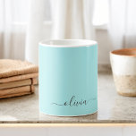 Aqua Blue Blauwgroen Girly Script Monogram Name Mo Koffiemok<br><div class="desc">Aqua Blue Blauwgroen monogram,  Coffee Cup of Mok. Dit maakt de perfecte liefhebbende 16 verjaardag,  bruiloft,  vrijgezellenfeest,  verjaardagsdag,  baby shower of vrijgezellenfeest voor iemand die van luxe glam en stijl houdt.</div>