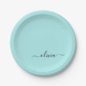 Aqua Blue Blauwgroen Girly Script Monogram Name Mo Papieren Bordje (Voorkant)