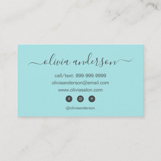 Aqua Blue Blauwgroen meisje Simple Hair Makeup Sal Visitekaartje (Achterkant)