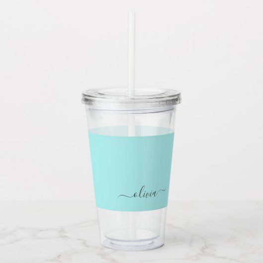 Aqua Blue Blauwgroen modern script meisjesmonogram Acryl Drinkbeker (Voorkant)