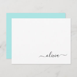 Aqua Blue Blauwgroen modern script meisjesmonogram Bedankkaart