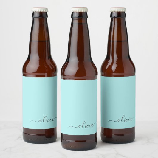 Aqua Blue Blauwgroen modern script meisjesmonogram Bier Etiket (Flessen)