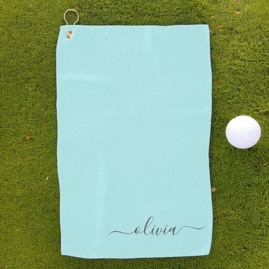 Aqua Blue Blauwgroen modern script meisjesmonogram Golfhanddoek