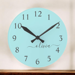 Aqua Blue Blauwgroen modern script meisjesmonogram Grote Klok