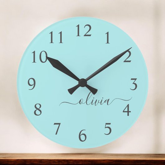 Aqua Blue Blauwgroen modern script meisjesmonogram Grote Klok