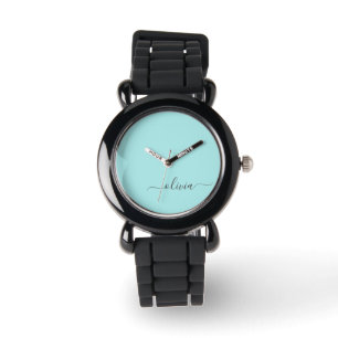 Aqua Blue Blauwgroen modern script meisjesmonogram Horloge
