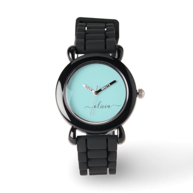 Aqua Blue Blauwgroen modern script meisjesmonogram Horloge (Voorkant)