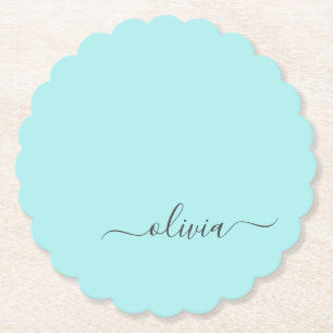 Aqua Blue Blauwgroen modern script meisjesmonogram Kartonnen Onderzetters