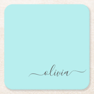 Aqua Blue Blauwgroen modern script meisjesmonogram Kartonnen Onderzetters