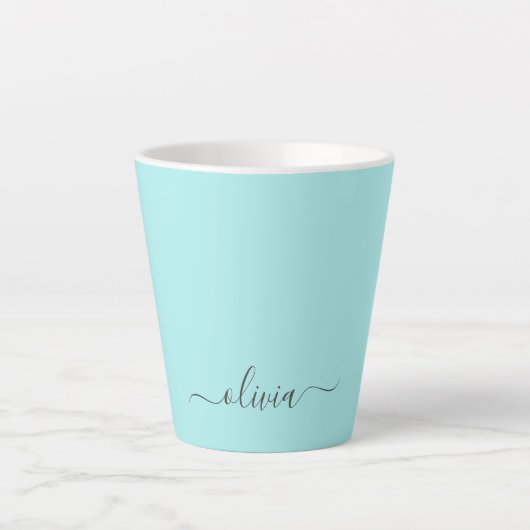 Aqua Blue Blauwgroen modern script meisjesmonogram Latte Mok (Voorkant)