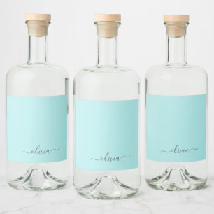Aqua Blue Blauwgroen modern script meisjesmonogram Likeurfles Etiket