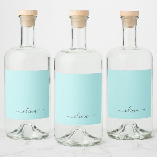 Aqua Blue Blauwgroen modern script meisjesmonogram Likeurfles Etiket (Flessen)