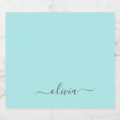 Aqua Blue Blauwgroen modern script meisjesmonogram Likeurfles Etiket (Enkel label)