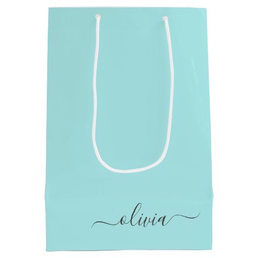Aqua Blue Blauwgroen modern script meisjesmonogram Medium Cadeauzakje (Achterkant)