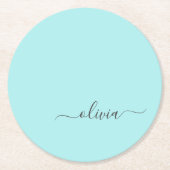 Aqua Blue Blauwgroen modern script meisjesmonogram Ronde Kartonnen Onderzetter (Voorkant)