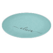 Aqua Blue Blauwgroen modern script meisjesmonogram Snijplank (Hoek)